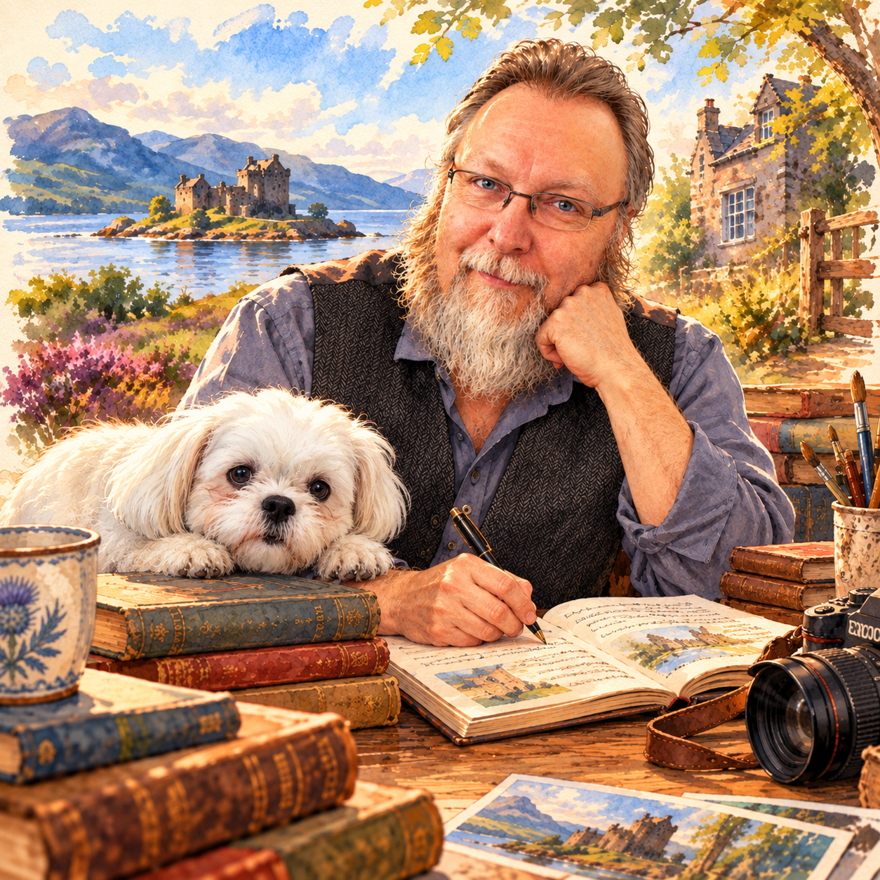 Autorenporträt von Rudolf G. Pankratius mit Hund am Schreibtisch vor einer schottischen Landschaft