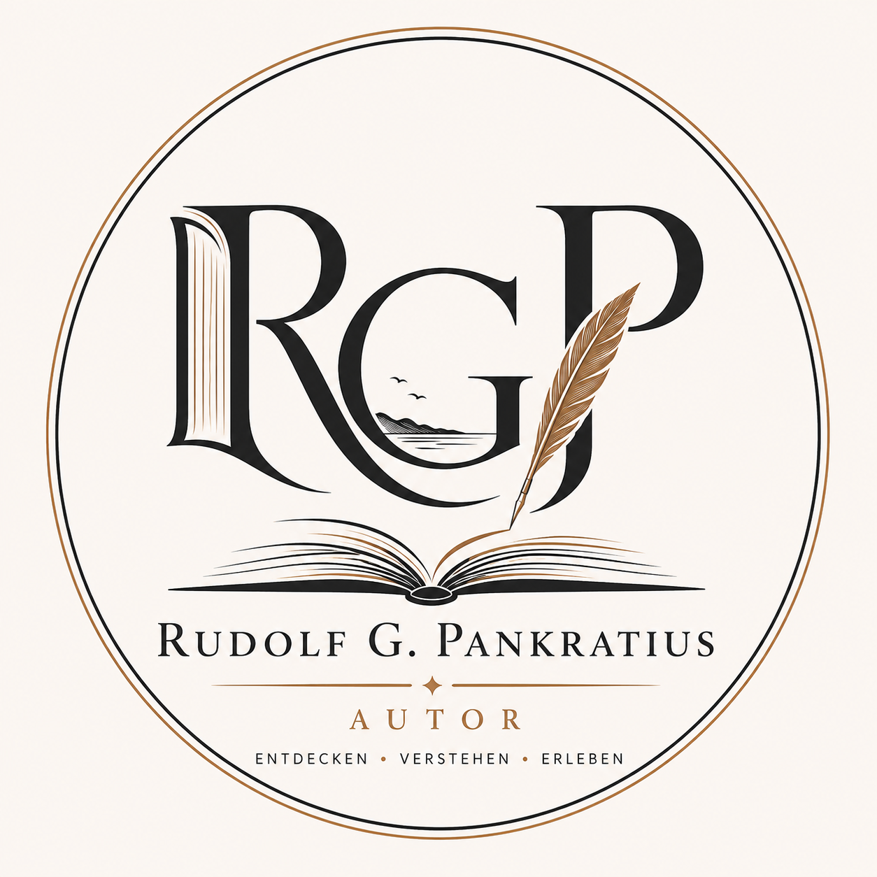 Autorenlogo Rudolf G. Pankratius mit den Initialen RGP, einem offenen Buch und einer Schreibfeder